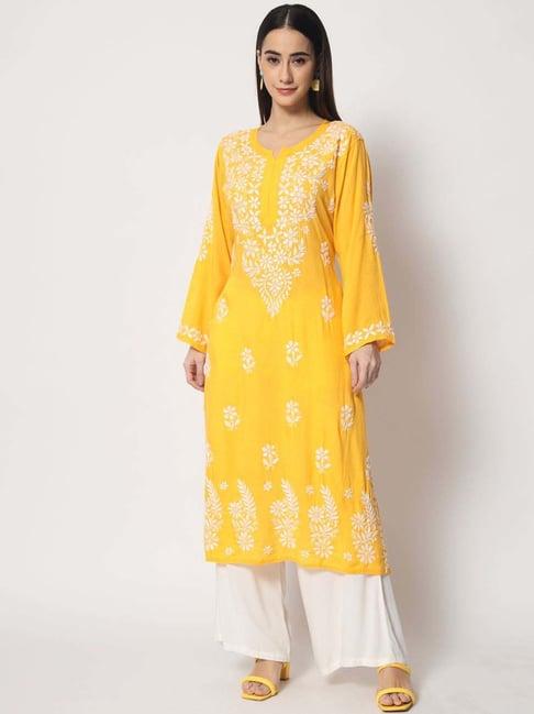 paramount chikan yellow chikankari straight kurta