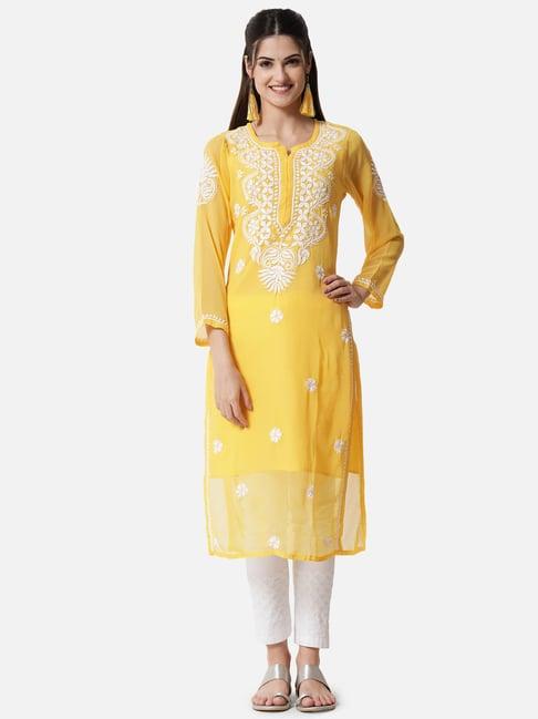 paramount chikan yellow chikankari straight kurta