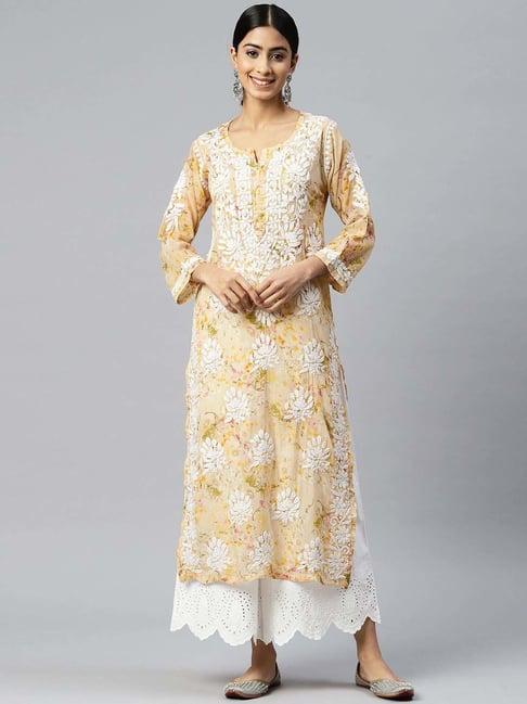 paramount chikan yellow cotton chikankari straight kurta