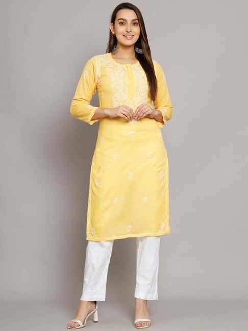 paramount chikan yellow cotton chikankari straight kurta