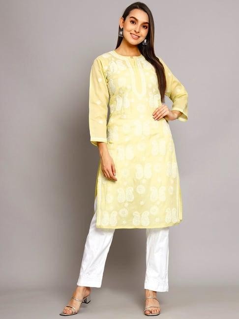 paramount chikan yellow cotton chikankari straight kurta