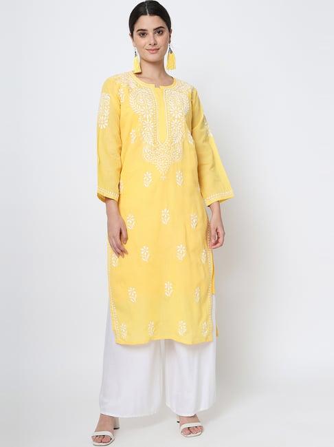 paramount chikan yellow cotton embroidered straight kurta