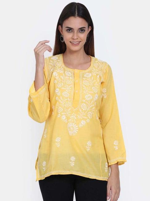 paramount chikan yellow cotton embroidered straight kurti