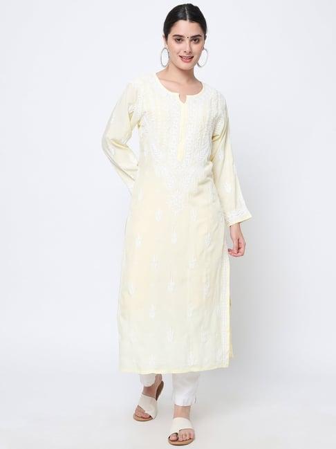 paramount chikan yellow embroidered straight kurta