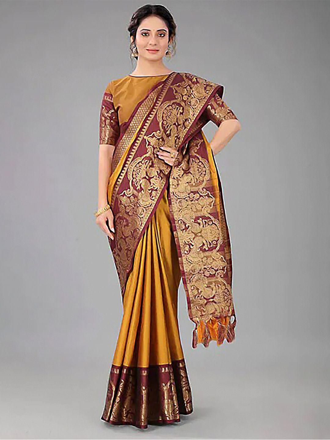 paramparik textile mustard & maroon zari pure silk dharmavaram saree