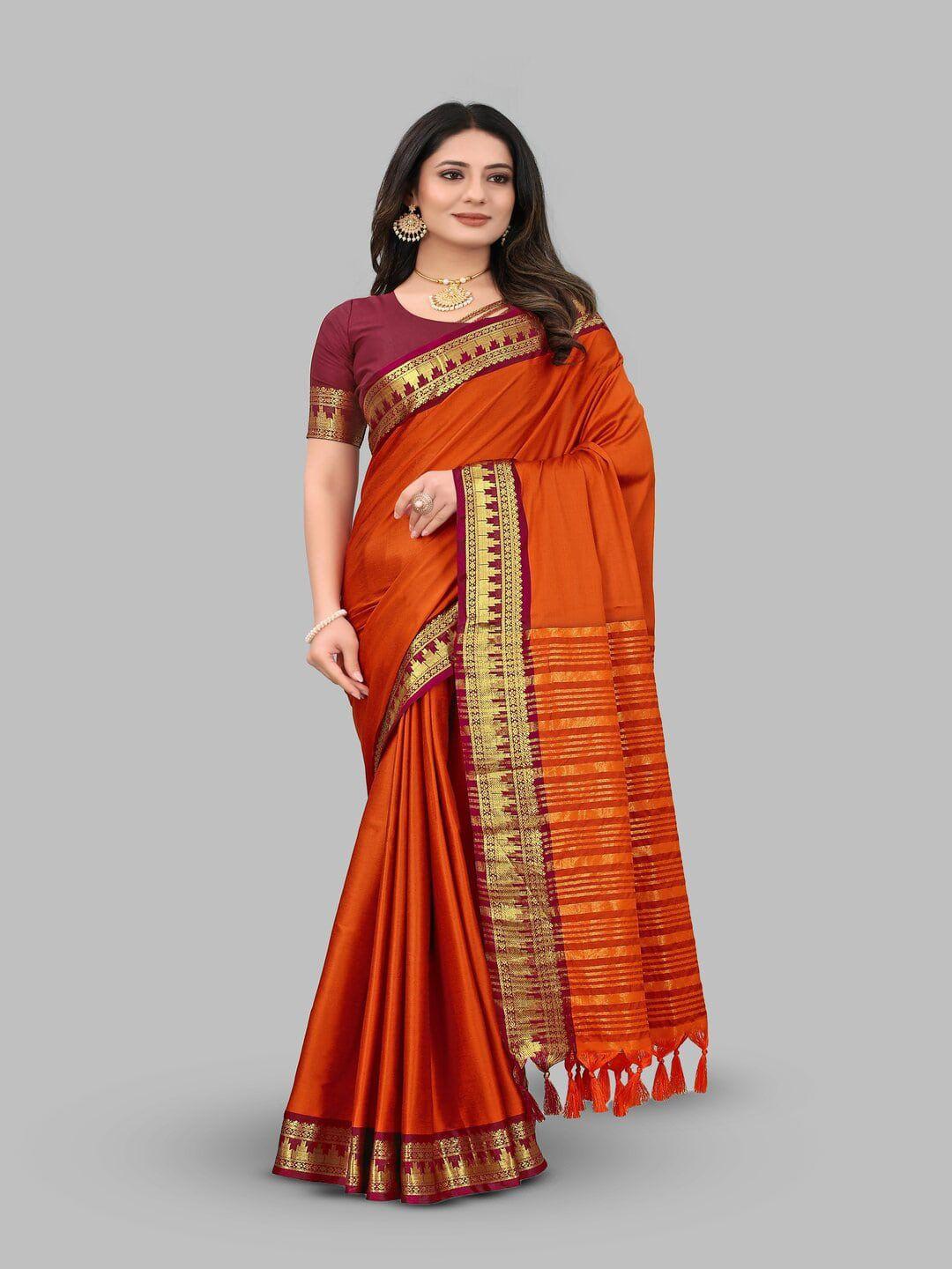 paramparik textile orange & gold-toned zari pure silk banarasi saree