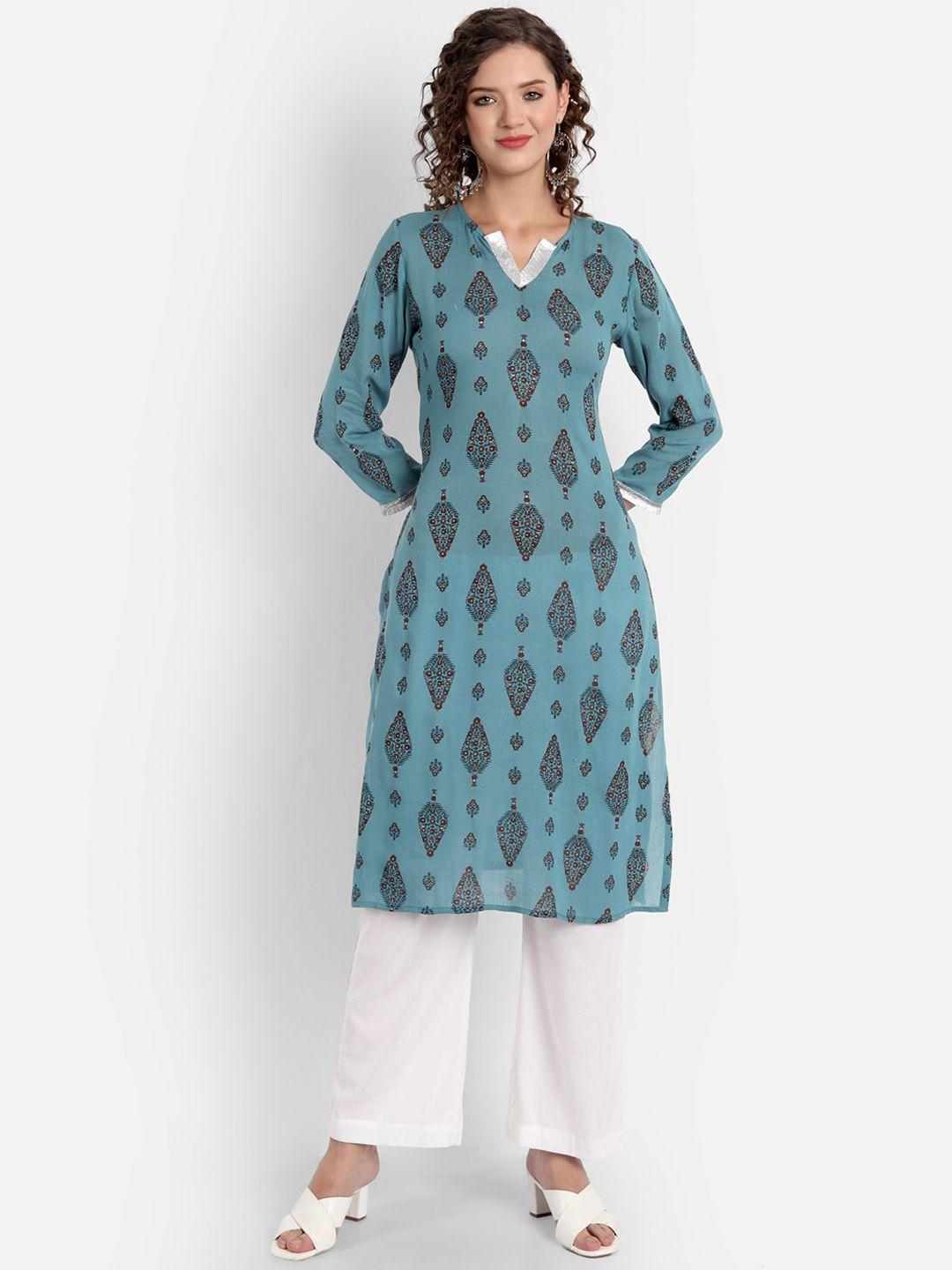 parassio clothings women turquoise blue ethnic motifs printed kurta with palazzos