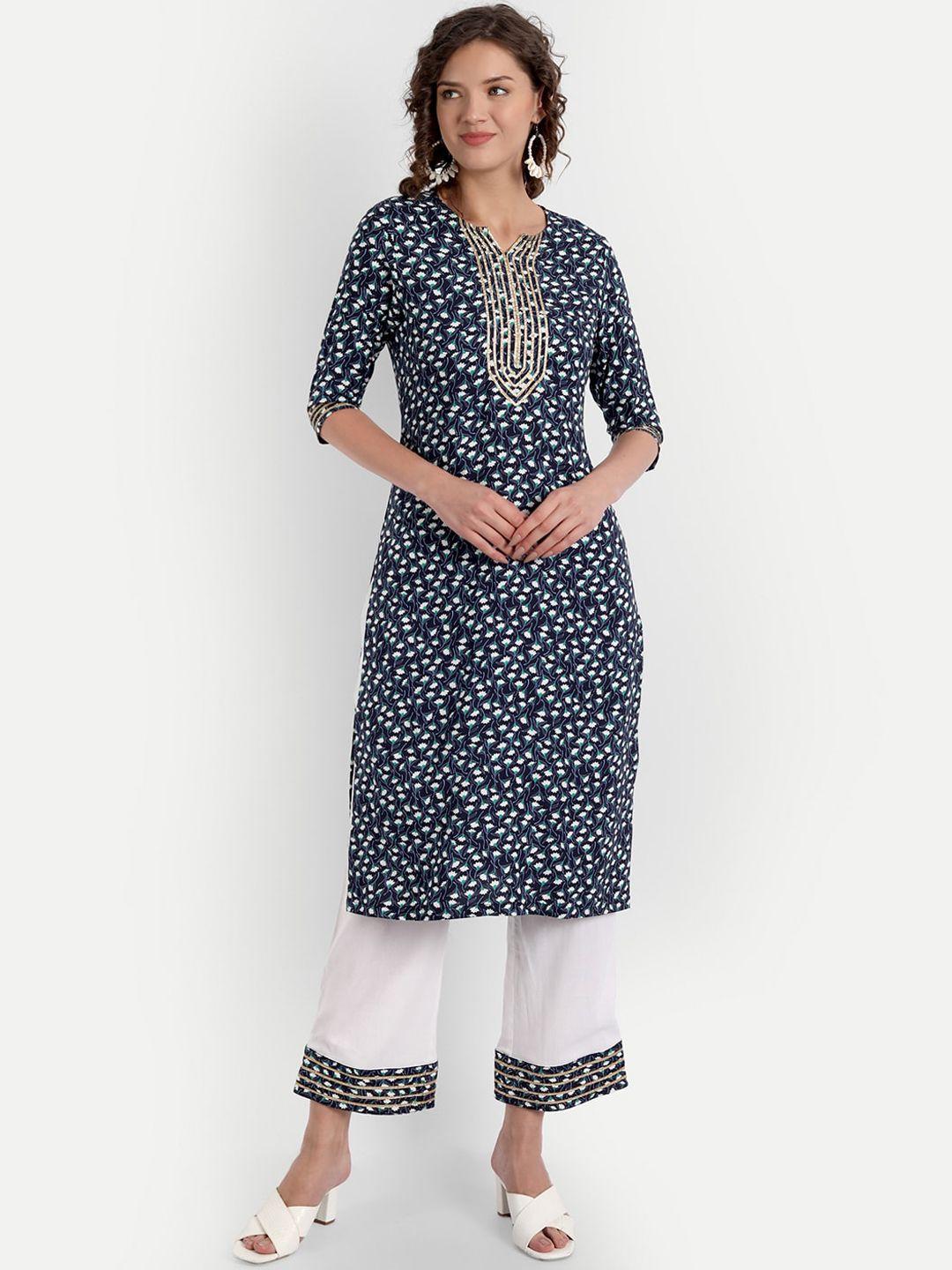 parassio clothings women blue floral printed pure cotton kurta with palazzo