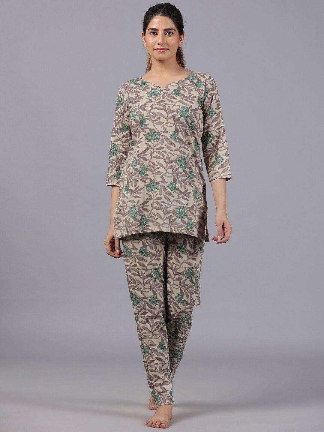 parchhai floral printed v-neck pure cotton night suit