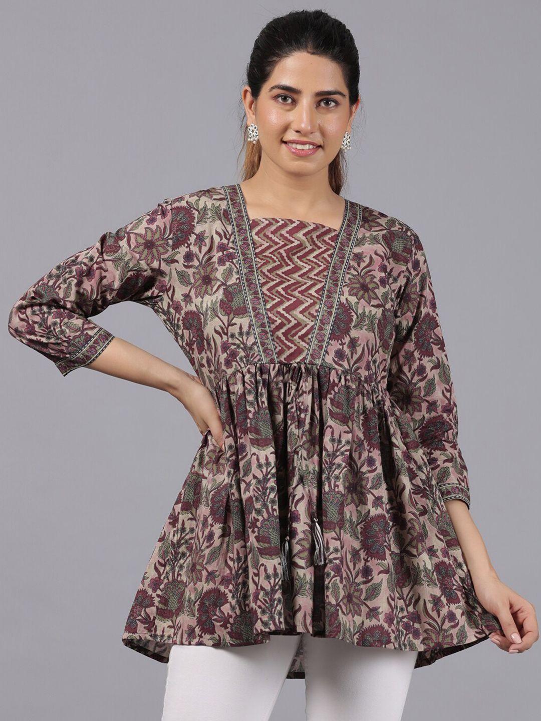 parchhai maroon floral print cotton peplum longline top