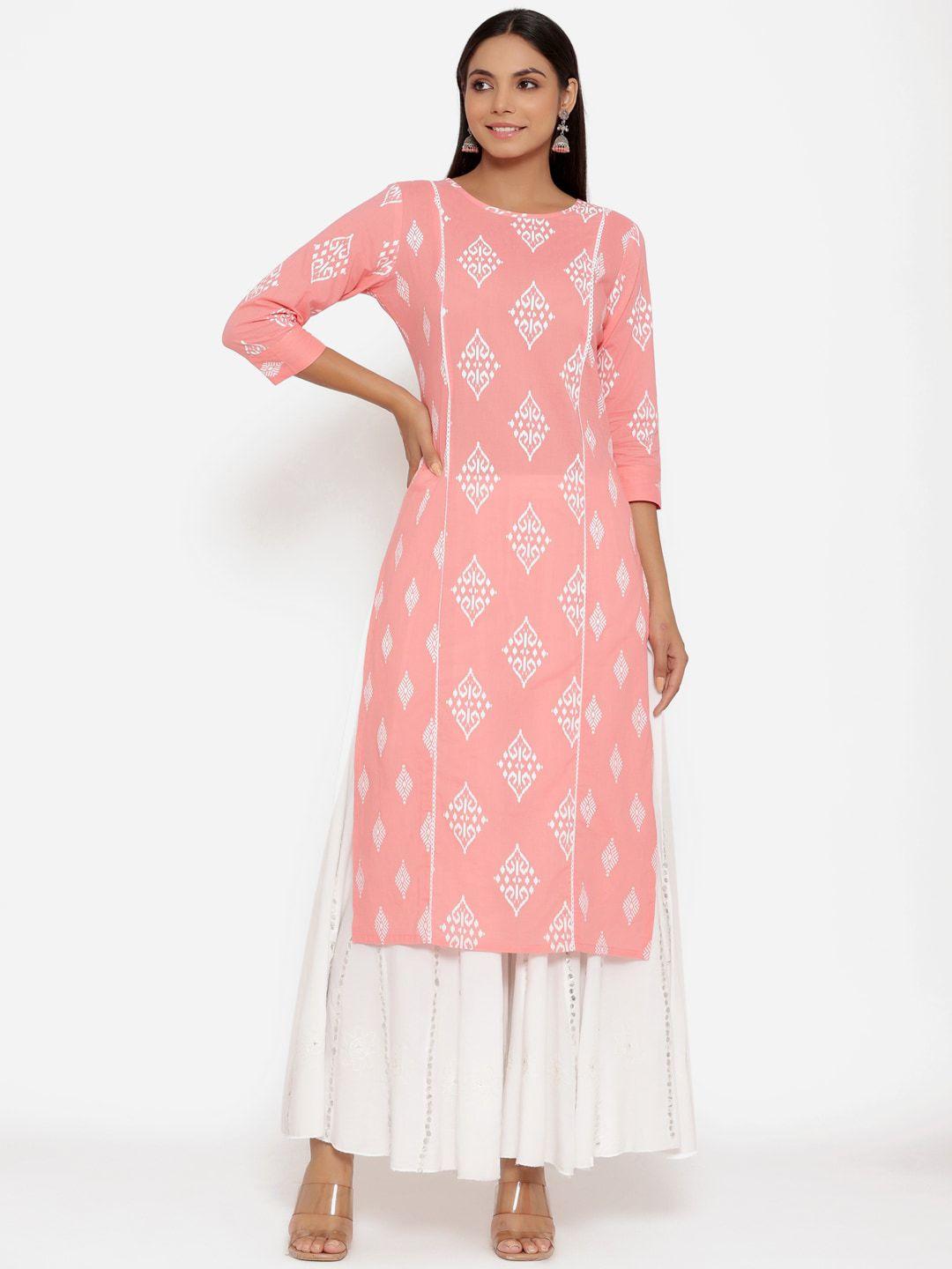 parchhai women peach-coloured ethnic motifs printed pastels pure cotton kurta