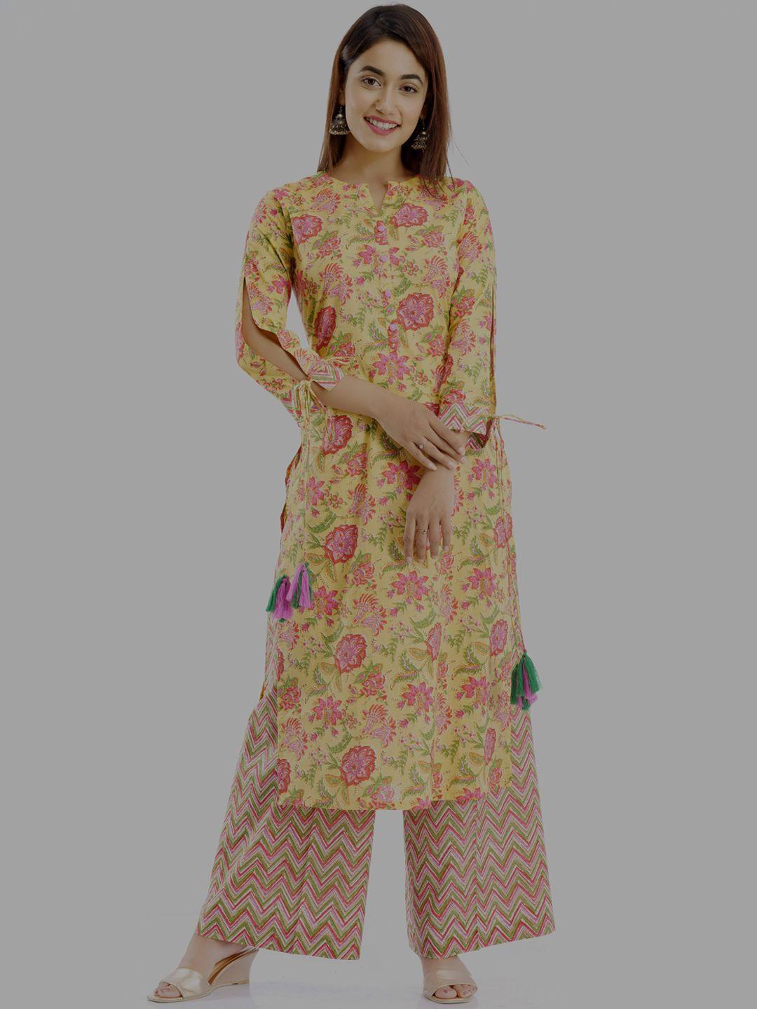 parchhai women yellow floral printed regular pure cotton kurta with palazzos