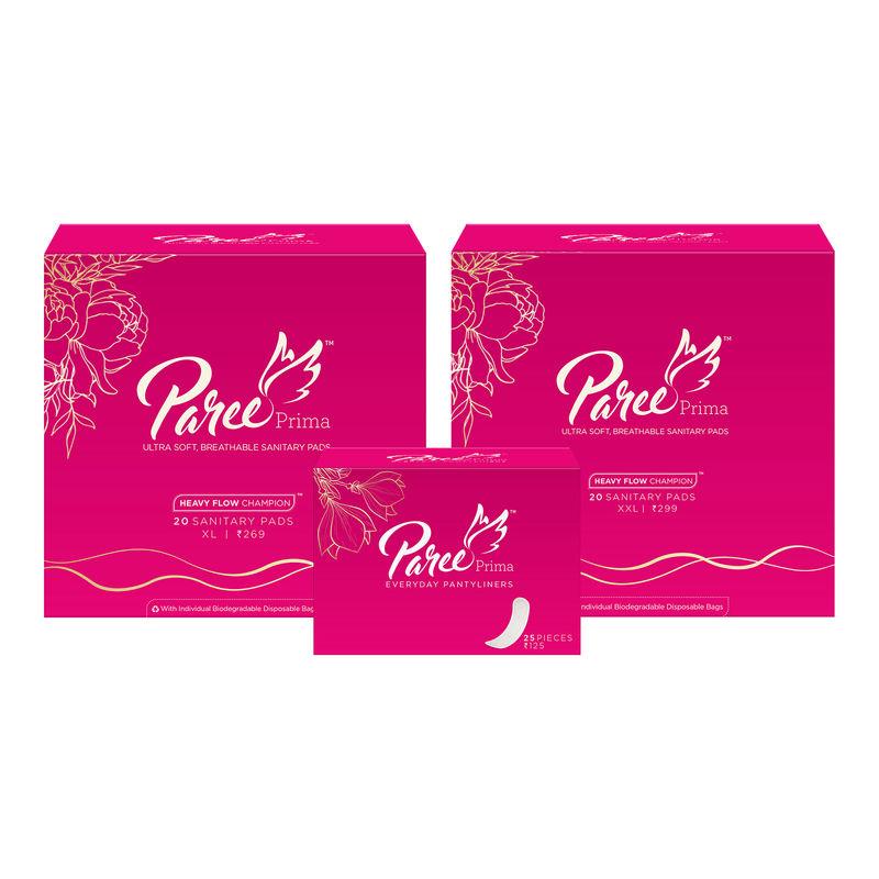 paree prima ultra soft breathable sanitary pads xl (20), xxl(20) and pantyliners (25)- 65's