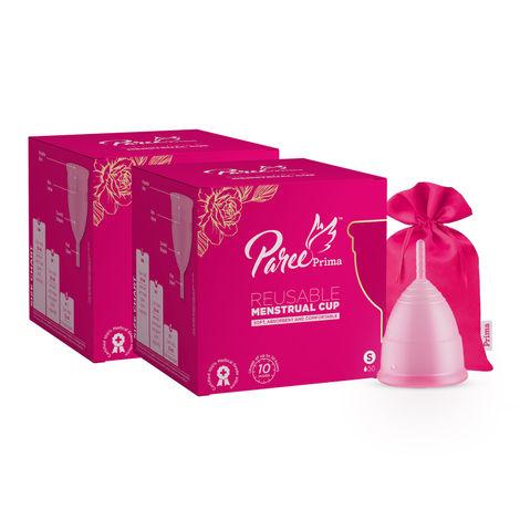 paree prima reusable menstrual cup with protection pouch| small size | 100% medical grade silicon|super soft ,rash and leak free|upto 10 hour protection| fda approved | combo of 2