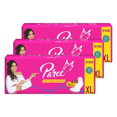 paree soft & rash free comfort sanitary pads for women | heavy flow | wider back and gentle fragrance - 20pads (combo of 3) | size -extra large