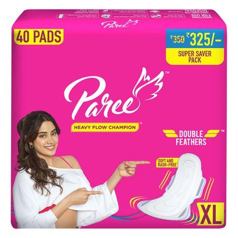 paree soft & rash free comfort sanitary pads for women with 3 seconds absorption for heavy flow, xl| wider back and gentle fragrance - 40 pads