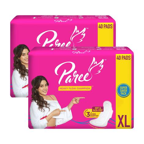 paree soft & rash free comfort sanitary pads for women with 3 seconds absorption for heavy flow, xl| wider back and gentle fragrance - 80 pads