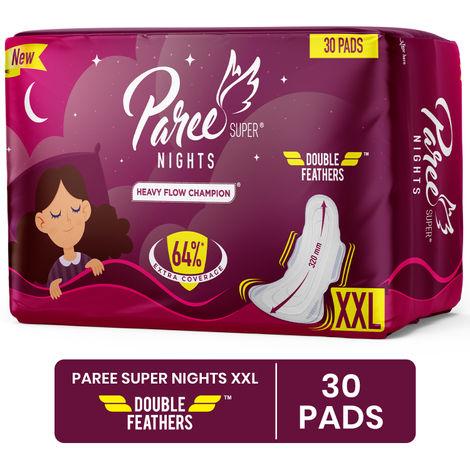 paree super nights sanitary pads with double feather for heavy flow, xxl | all night leakage protection and convenient disposable pouch - 30 pads