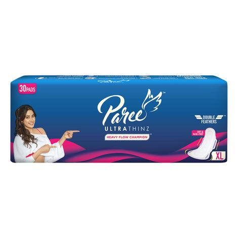 paree ultra thinz soft & rash free comfort sanitary pads for women with double feathers for quick absorption, xl| tri-fold and convenient disposable covers, 30 pads