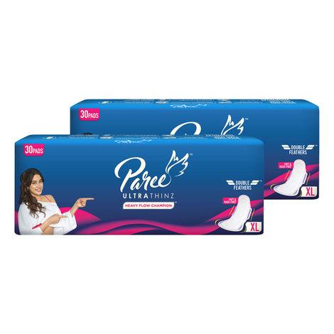 paree ultra thinz soft & rash free comfort sanitary pads for women with double feathers for quick absorption, xl| tri-fold and convenient disposable covers, 60 pads