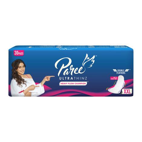 paree ultra thinz soft & rash free comfort sanitary pads for women with double feathers for quick absorption, xxl| tri-fold and convenient disposable covers, 30 pads