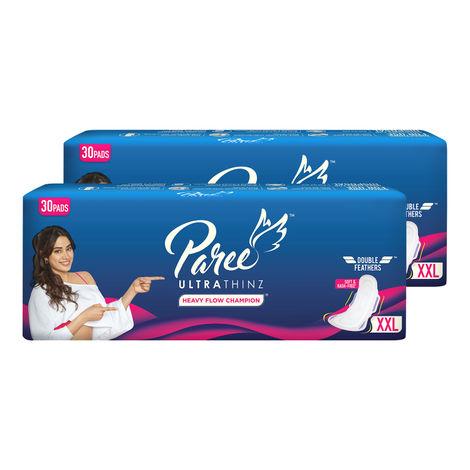 paree ultra thinz soft & rash free comfort sanitary pads for women with double feathers for quick absorption, xxl| tri-fold and convenient disposable covers, 60 pads