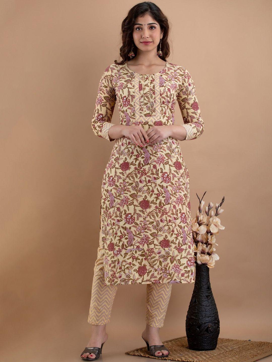 parikshit floral printed straight pure cotton kurta with trousers