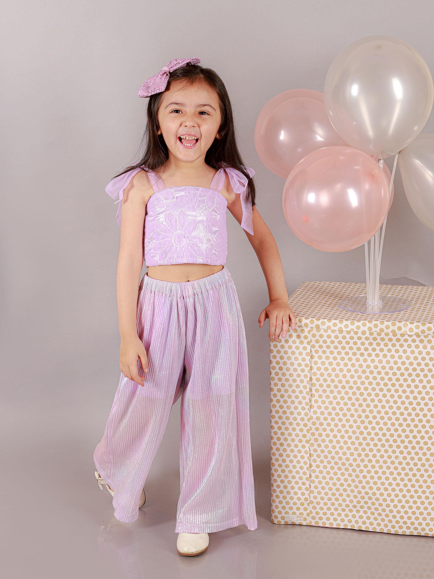 paris nights girls lilac 3d flower party crop top and pant set (set of 2)