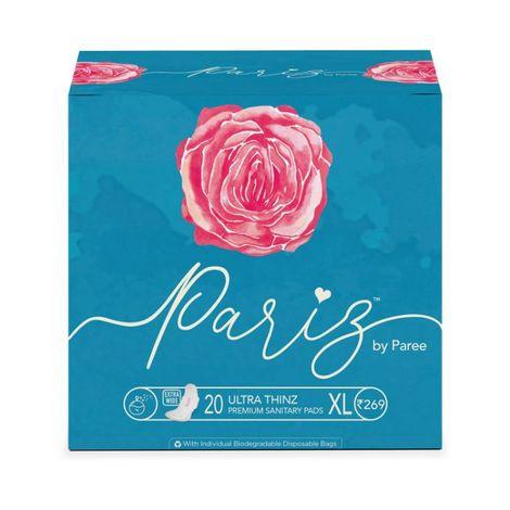 pariz by paree premium ultra thinz cottony super soft extra wide sanitary pads for women, xl| rash free comfort and absorbs quickly | biodegradable disposable bags, 20 pads