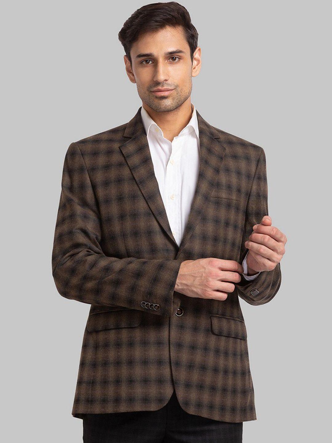 park avenue men brown checked regular-fit single breasted formal blazers