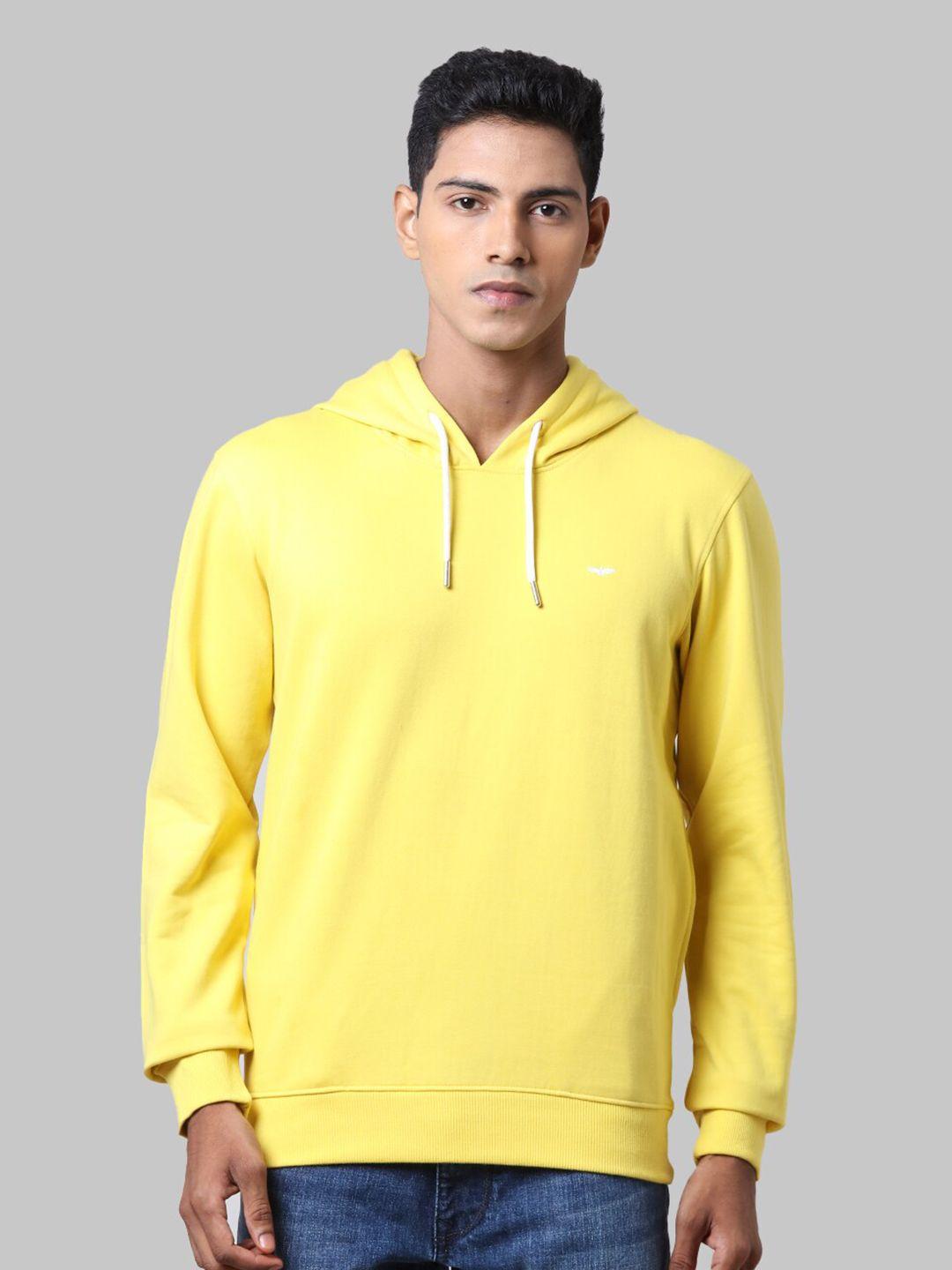 park avenue men yellow solid cotton hooded sweatshirt