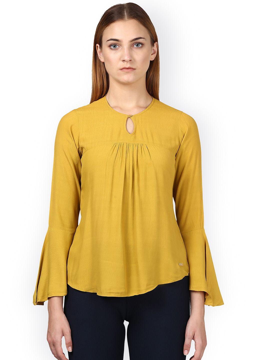 park avenue women mustard yellow solid a-line top