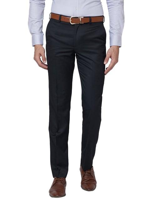 park avenue black regular fit striped flat front trousers