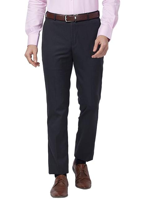 park avenue black regular fit striped flat front trousers