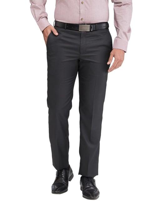 park avenue black regular fit striped trousers