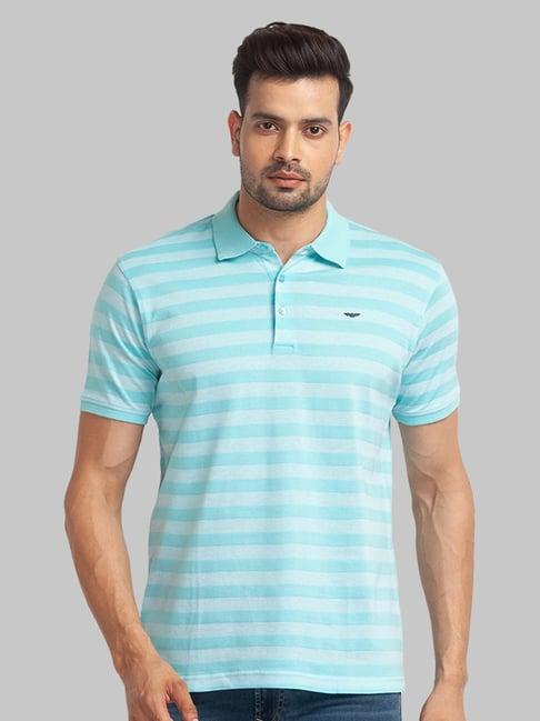 park avenue blue cotton slim fit striped polo t-shirt