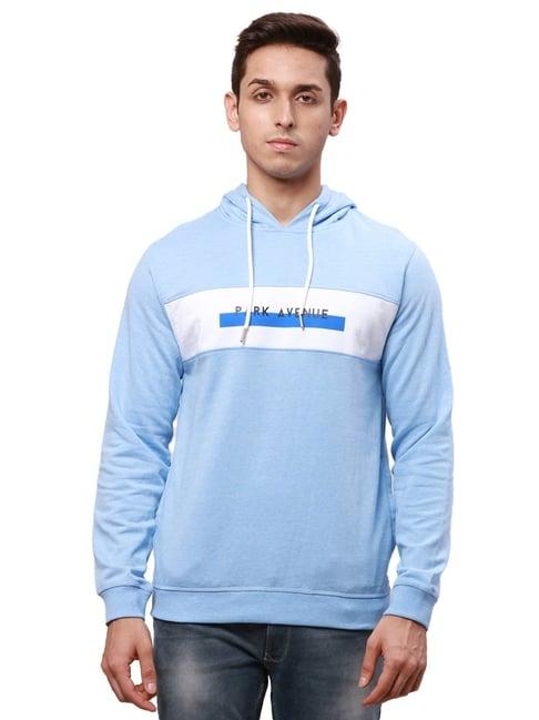 park avenue blue slim fit colour block hooded sweatshirt