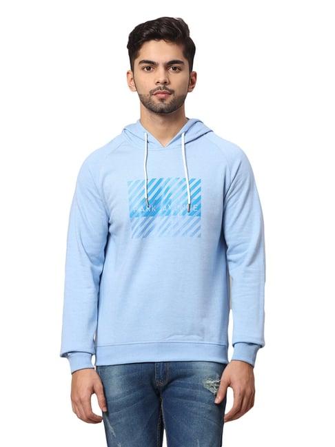 park avenue blue slim fit printed hooded sweatshirt