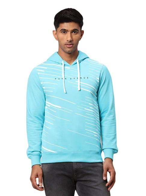 park avenue blue slim fit printed hooded sweatshirt