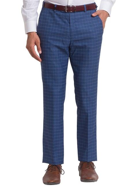 park avenue blue super slim fit check flat front trousers