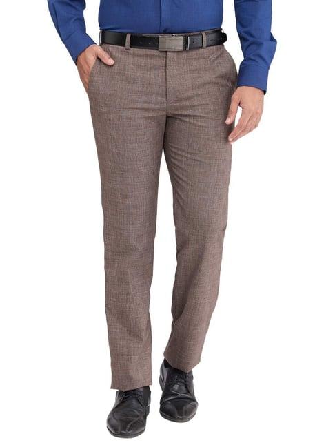 park avenue brown regular fit self pattern trousers