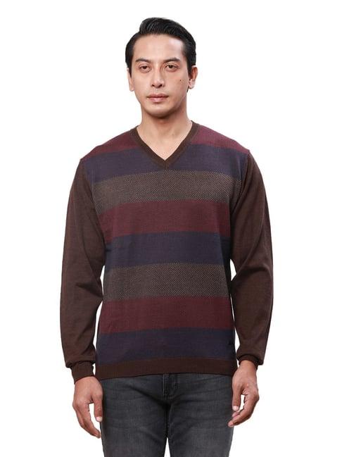 park avenue brown regular fit striped sweater