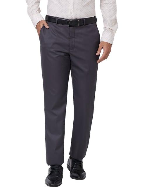 park avenue grey regular fit self design flat front trousers