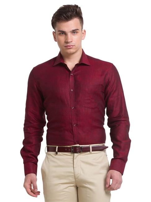 park avenue maroon linen slim fit shirt