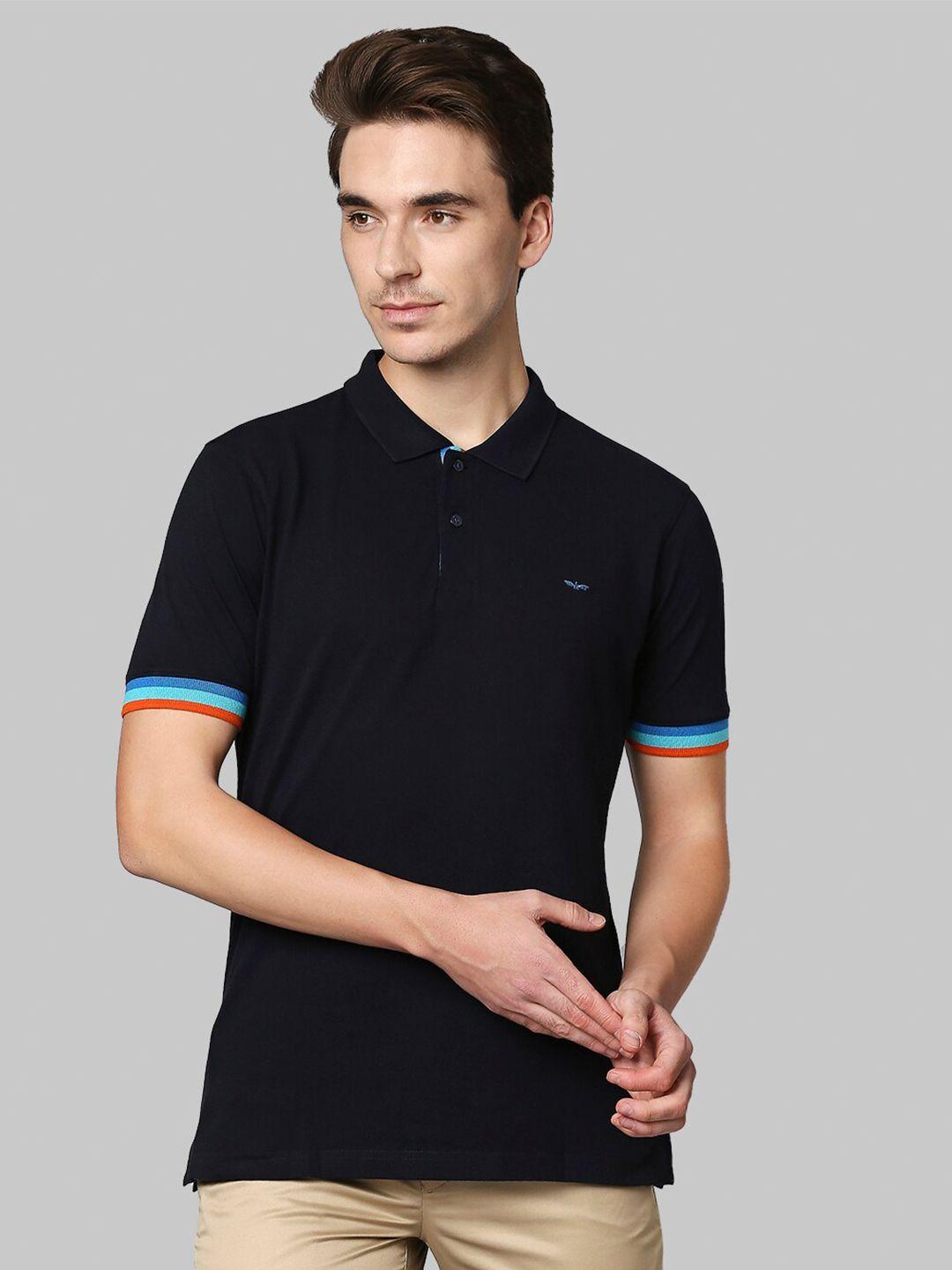 park avenue men navy blue polo collar slim fit cotton t-shirt