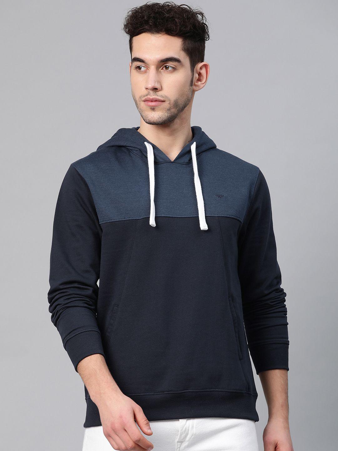 park avenue men navy blue solid slim fit hooded sweatshirt