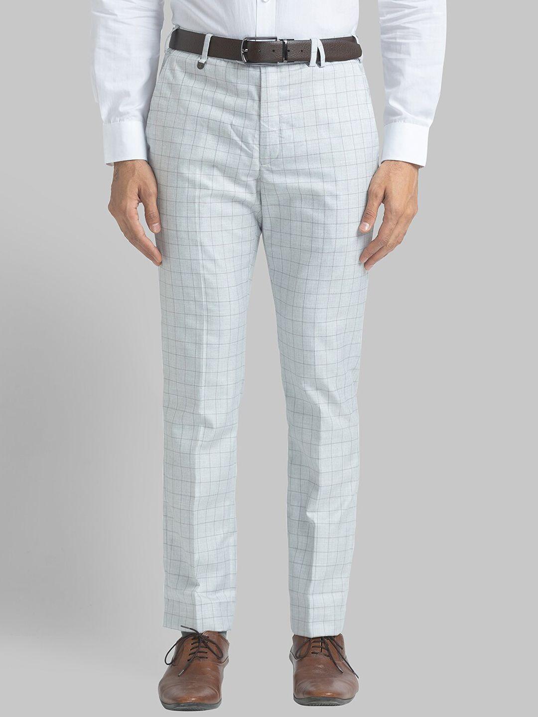 park avenue men off white checked slim fit trousers