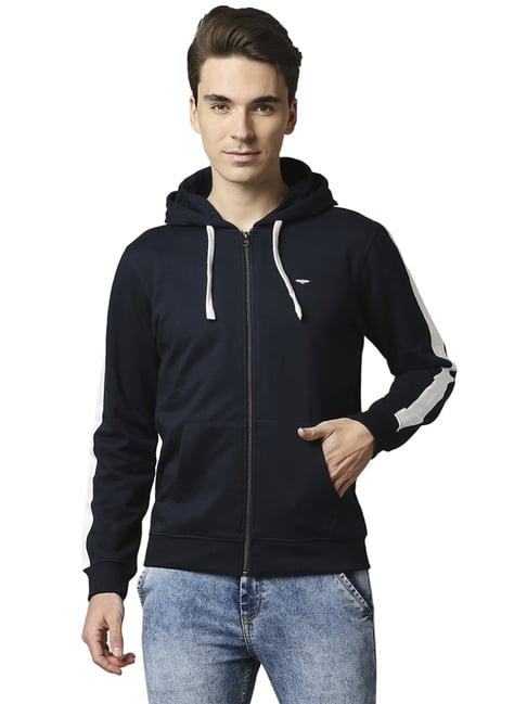 park avenue navy  slim fit colour block hooded sweatshirts