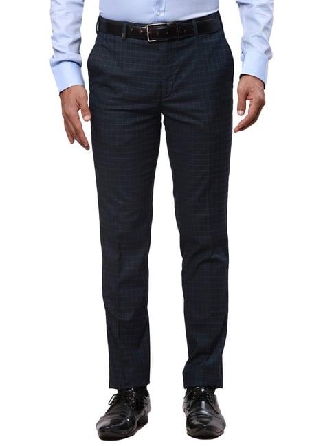 park avenue navy blue super slim fit checks trousers