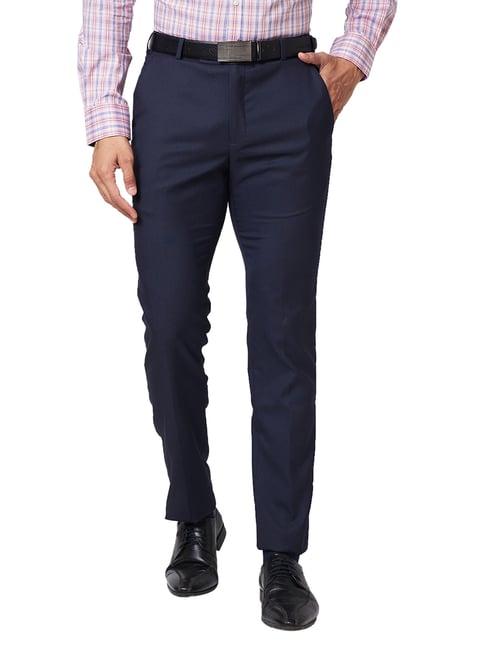 park avenue navy super slim fit self design flat front trousers